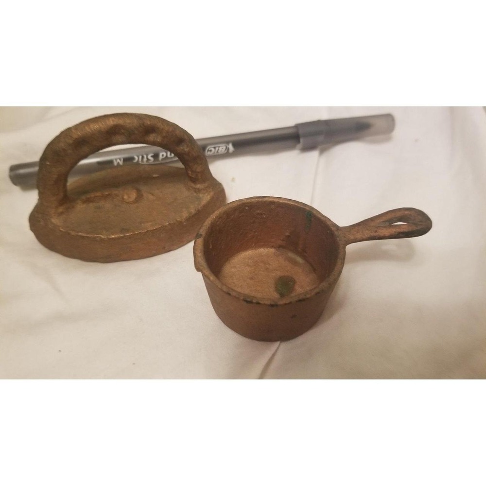 Miniature Set Copper Tone Antique Cast Metal Sad Iron and Saucepan